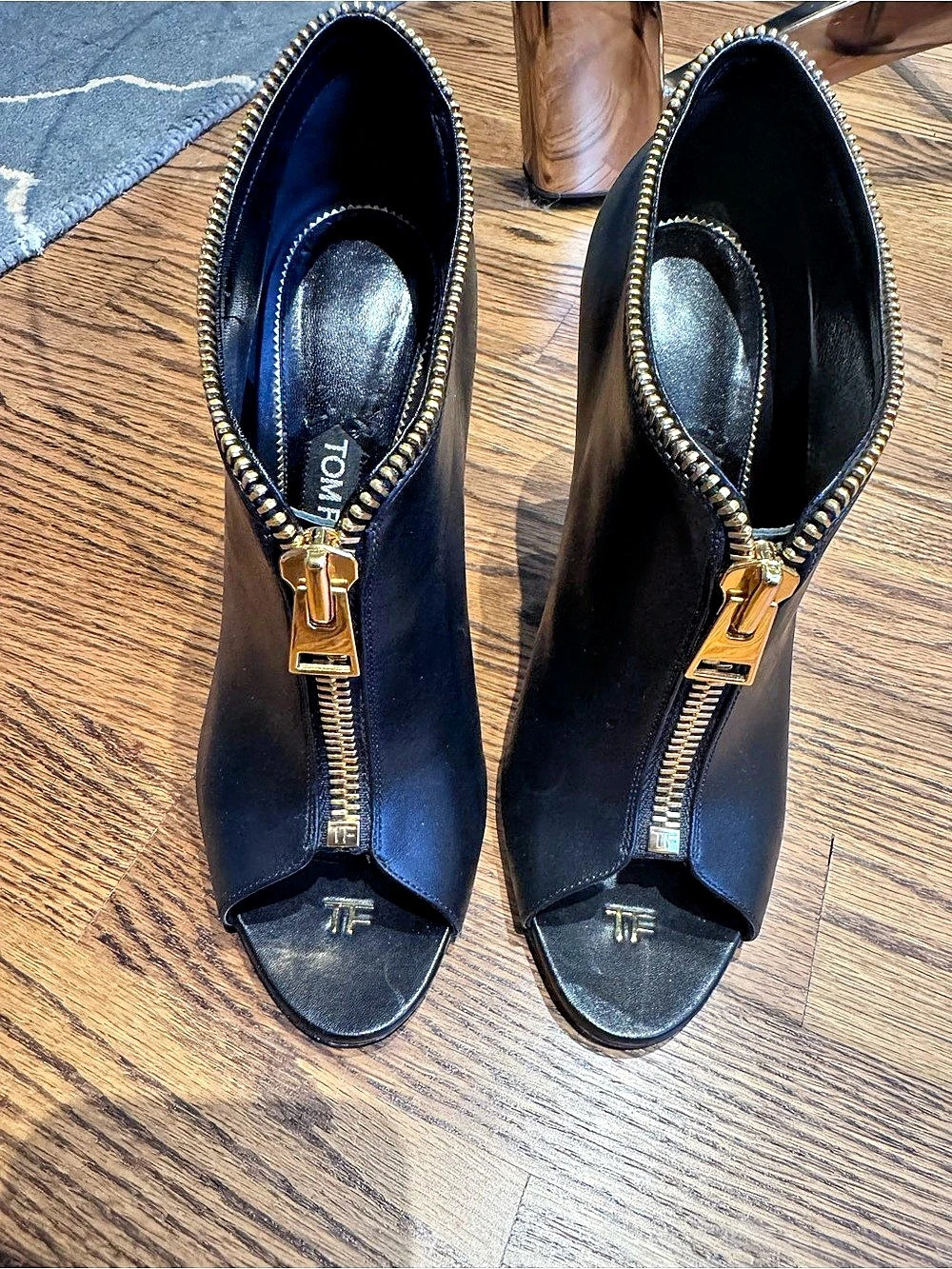 Tom Ford Front Zip Peep-Toe Bootie Heels Black EU 37.5